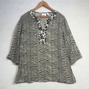 Chicos Size 2 (L/12) Sheer Tunic Top Blouse Coverup Contrasting Animal Print